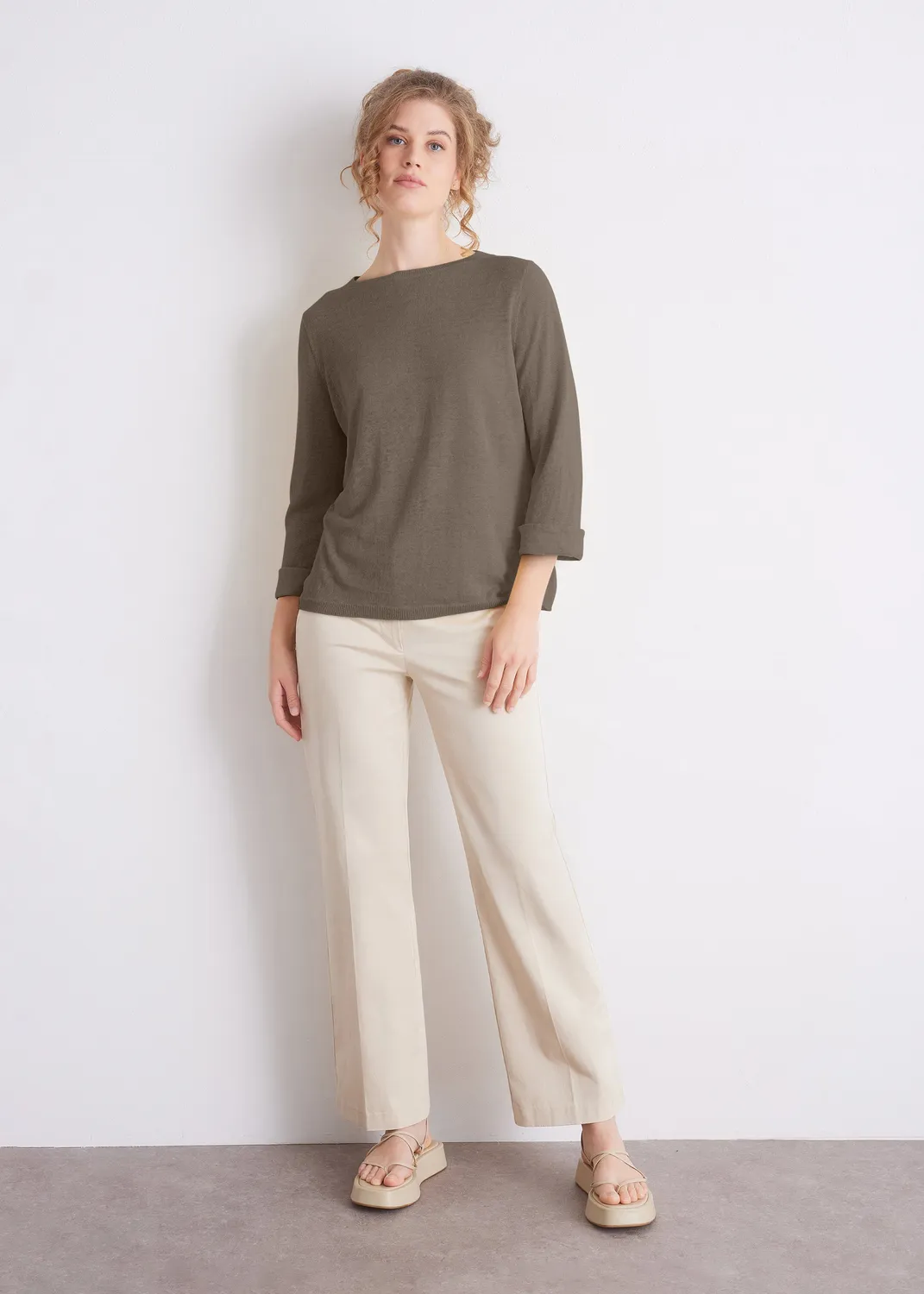 Senatex Leinenpullover Rundhals Mocca 3/4-Arm