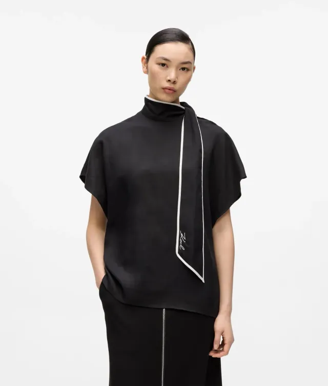 Karl Lagerfeld Linen Blend Bluse Kurzarm Bindeband