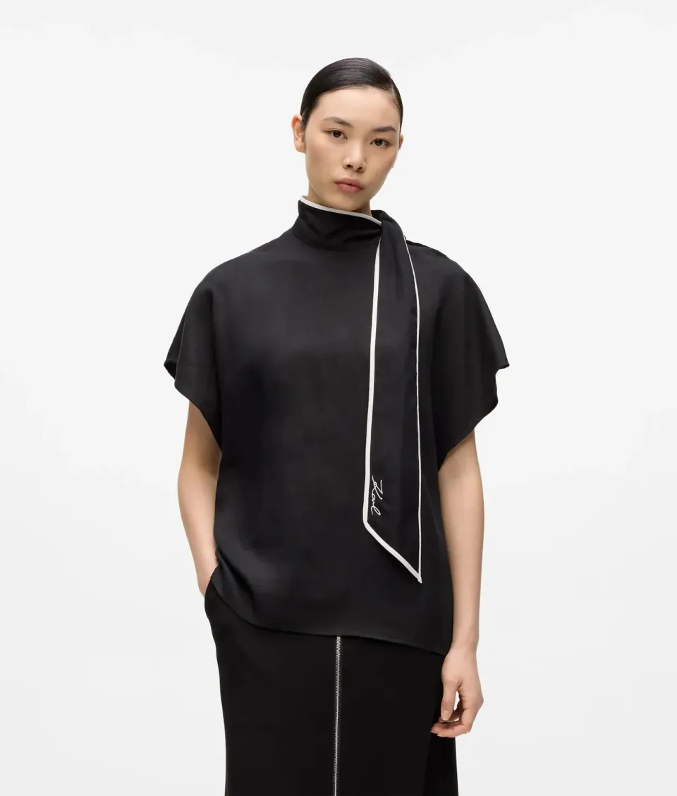 Karl Lagerfeld Linen Blend Bluse Kurzarm Bindeband