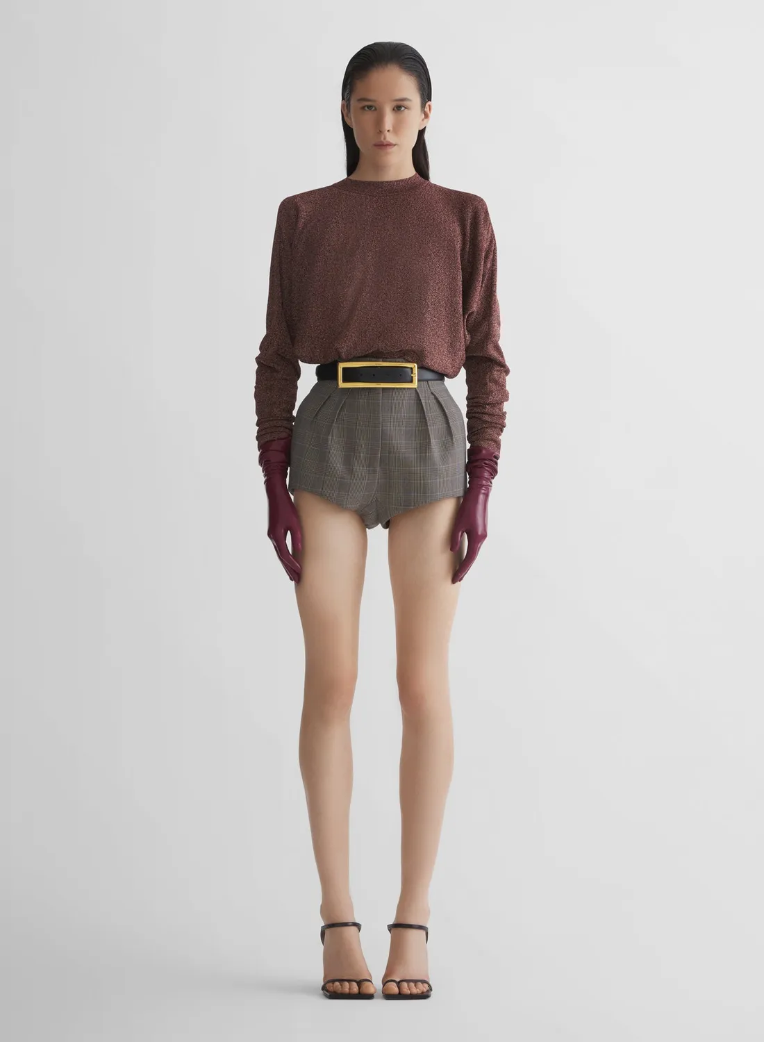 Mugler Pleated Tailored Shorts Hahnentritt Taupe
