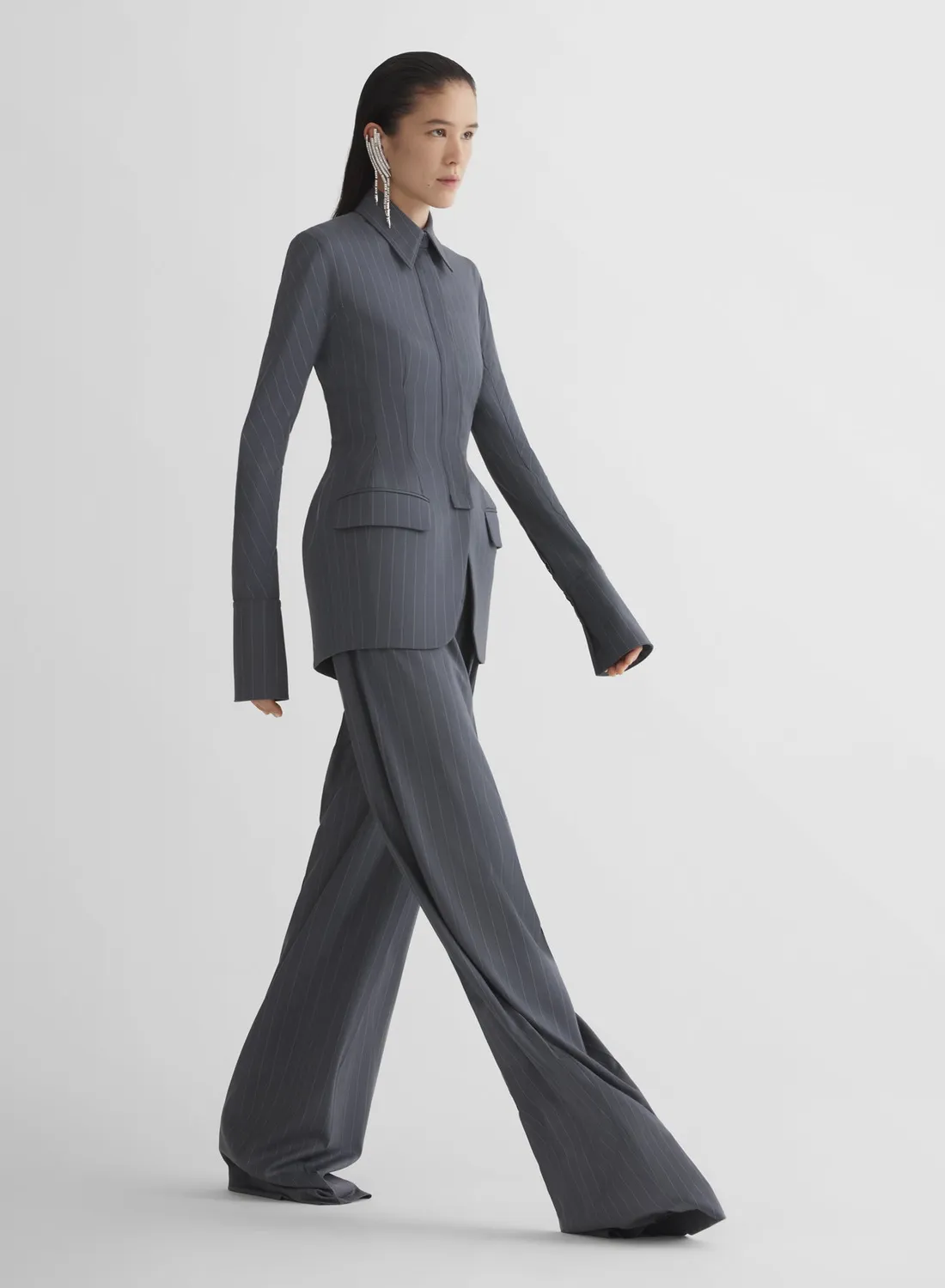 Mugler Pinstripe Wide Pleated Hose Grau Wolle weit