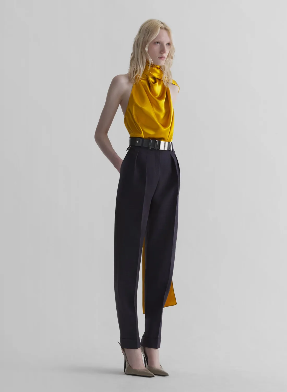 Mugler Backless Scarf Top senf rückenfrei Satin