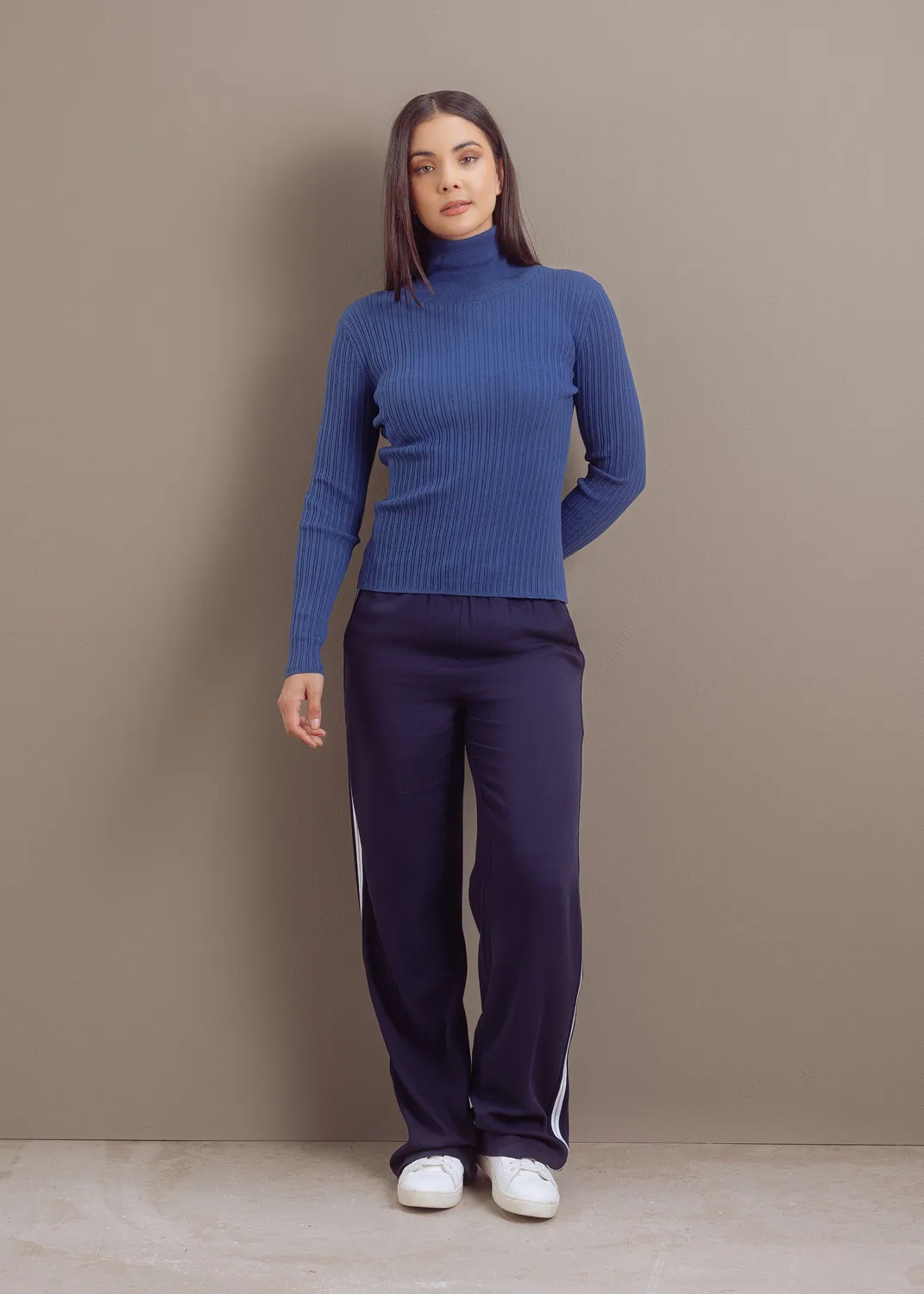 Senatex Rippenpullover Stehkragen Kaschmirpullover Denim XS