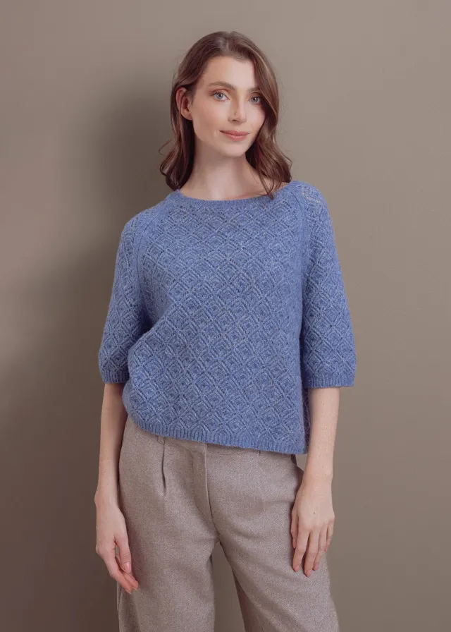 Senatex Kurzarm Pullover Wolle-Baumwolle Rautenmuster Ice