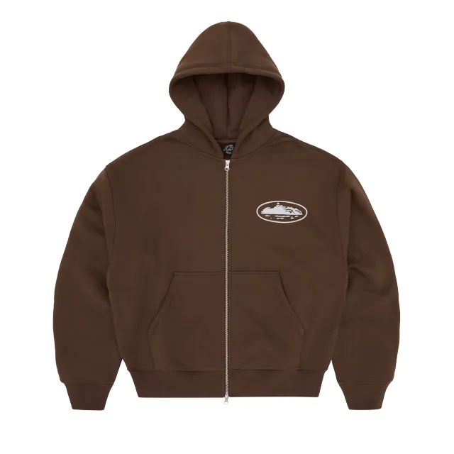 Corteiz Island Puff Print Zip Hoodie Braun 440GSM