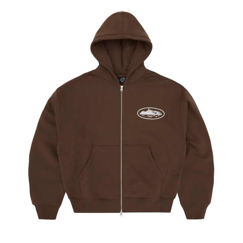 Corteiz Island Puff Print Zip Hoodie Braun 440GSM